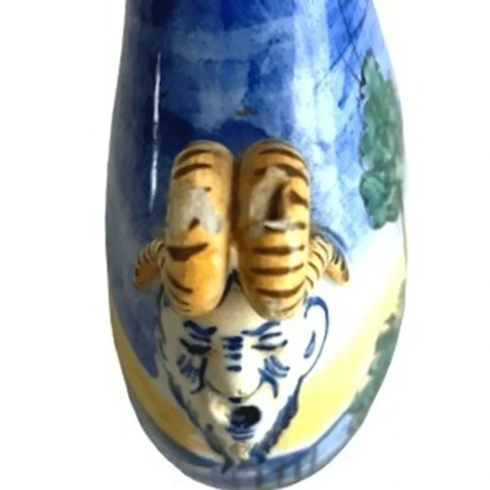 Antique 1906 Certosa di Firenze Italian Majolica Decanter Satyr Ram Horn Handles